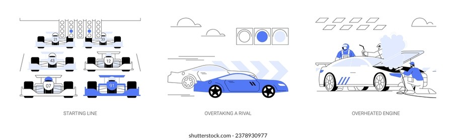 Car race abstract concept vector illustration set. Motorsport competition, starting line, overtaking a rival, fast speed vehicle, overheated engine, motorsport and hobby abstract metaphor.