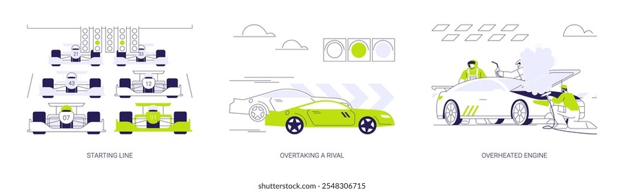 Jogo de ilustração vetorial de conceito abstrato de corrida de carros. Competição de automobilismo, linha de partida, ultrapassando um rival, veículo de velocidade rápida, motor superaquecido, automobilismo e metáfora abstrata hobby.