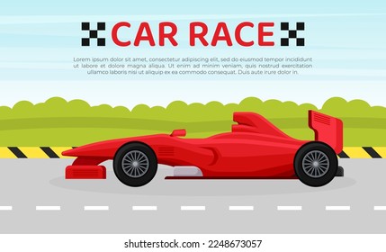 Car race banner. Poster, web banner, flyer, brochure template with red racing car vector