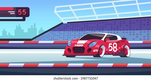 Car Race. Cartoon Sport Competition With Fast Automobile On Start Line. High-speed Bolide Driving On Road. Professional Transport Racing. Formula One Championship. Vector Illustration