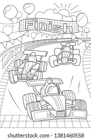 Car race coloring page. Formula 1 black line vector illustration on white background. Speed car on finish. Racing children coloring book. Auto sport coloring for boys. Transport outlined drawing