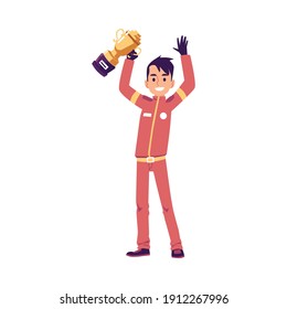 Car race driver or pilot in uniform protective suit holding trophy cup, flat vector illustration isolated on white background. Winner of car speed competition.