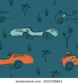 Carrera de coche divertida y fría camiseta de verano sin costura. Diseño de impresión para viajes por carretera. Deportes náuticos, ropa de niños tropicales, papel tapiz exótico de jungla silvestre infantil. Motivo de repetición de velocidad de caricatura