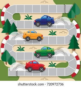 Car race. A game board. Side view. Vector illustration.