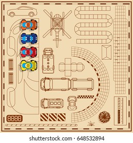 Car race. Game set. View from above. Vector illustration.