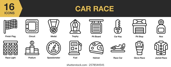 Car Race icon set. Includes speed, sport, automobile, race, car, drive, and More. Outline icons vector collection.