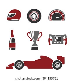 Car Race Icons F1 Set. Helmet, Wheel, Tire, Speedometer, Cup, Flag, Vector Flat Illustration Isolated On White Background.