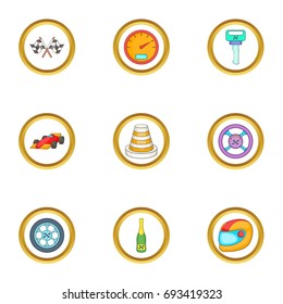 Car race icons set. Cartoon set of 9 car race vector icons for web isolated on white background
