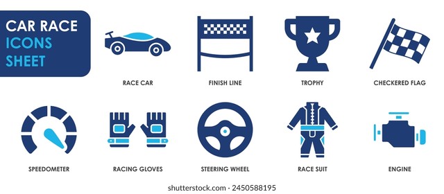 Conjunto de iconos de carreras de coches. Elementos de iconos deportivos de carreras. Iconos planos con coche, línea de meta, velocímetro y así sucesivamente.