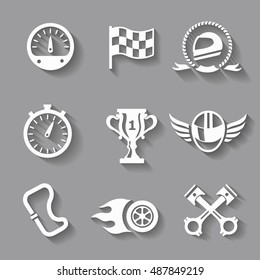 Car race icons set with shadow. Stopwatch and speedometer, tire and pedestal, helmet vector illustration