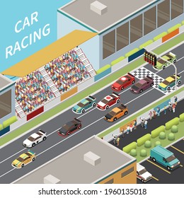 Car Race Isometric Composition With Outdoor View Of Racing Cars On Track With Audience On Seats Vector Illustration