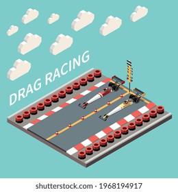 Composición isométrica de la carrera automovilística con líneas de neumático de texto y coches de alta velocidad de larga duración parados en la ilustración del vector de vía