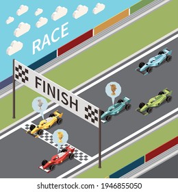 Car Race Isometric Composition With View Of Asphalt Track And Cars Crossing Finish Line With Text Vector Illustration