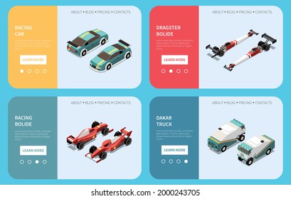 Car race isometric set of four horizontal banners with images of cars with buttons and text vector illustration