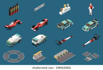 Juego isométrico de carreras de coches aislados con elementos de pista premia la luz de tráfico y la ilustración del vector del controlador