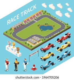 Car Race Isometric Set Of Racing Track Area And Isolated Icons Of Awards Cars And Drivers Vector Illustration