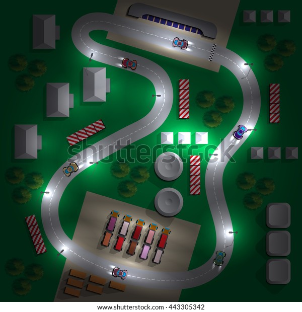 Car
race. Night. View from above. Vector
illustration.