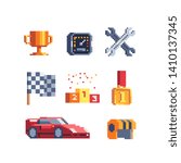 Car race pixel art icons set. Stopwatch, rally and pedestal, helmet and cup, flag, helmet and wrench. Auto racing and rally. Isolated vector illustration. Design for logo, sticker and mobile app.