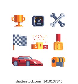 Car race pixel art icons set. Stopwatch, rally and pedestal, helmet and cup, flag, helmet and wrench. Auto racing and rally. Isolated vector illustration. Design for logo, sticker and mobile app.