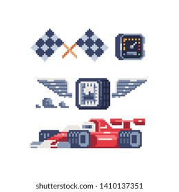 Car race pixel art icons set. Speedometer, emblem wheel with wings, and two crossed checkered flag. Auto racing and rally. Isolated vector illustration. Design for logo, sticker and mobile app.