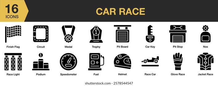 Car Race solid icon set. Includes speed, sport, automobile, race, car, drive, and More. Solid icons vector collection.