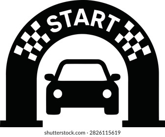Car race start arch icon, vector illustration of a vehicle driving under a curved starting gate with checkered pattern, isolated on white background.
