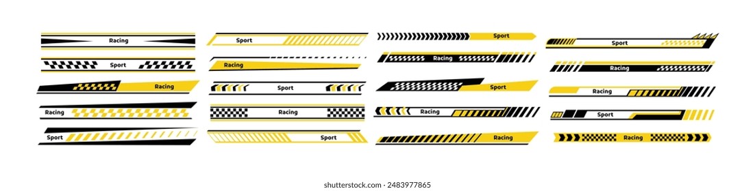 Car race stripes set. Automobile identity. Vehicle marking elements for transport modifying. Speed lines, racing tuning strips or car stickers. Vector illustration isolated on white background