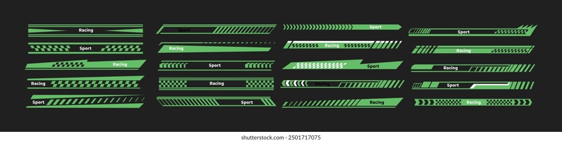 Car race stripes set. Automobile identity. Vehicle marking elements for transport modifying. Speed lines, racing tuning strips or car stickers. Vector illustration isolated on black background