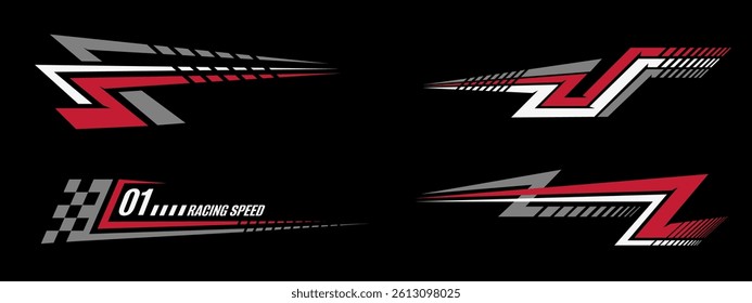 Car race stripes. Speed line sticker design. Graphic sport decal element. Automobile decoration. Rally dynamic motion.. Racing design vector set.