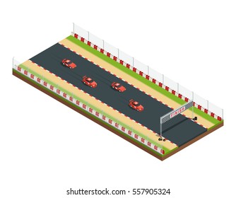 Car race track isometric composition with part of racing course with similar car images and flagging vector illustration