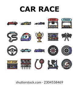 car race vehicle speed auto icons set vector. transportation sport, transport automobile, automotive wheel, modern rally, motor car race vehicle speed auto color line illustrations