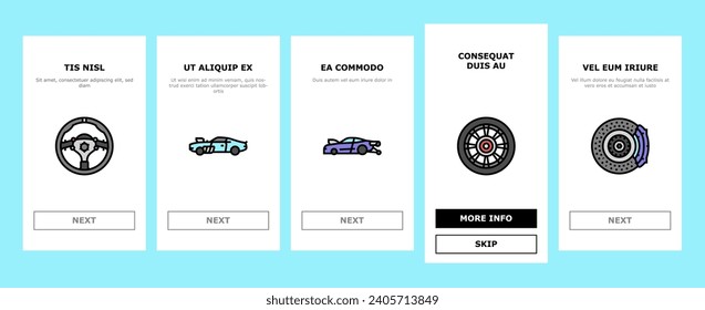 car race vehicle speed auto onboarding mobile vector. transportation sport, transport automobile, automotive wheel, modern rally, motor car race vehicle speed auto Illustrations