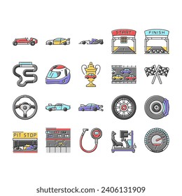 los iconos automáticos de la velocidad del vehículo de la carrera de coches conjunto vector. deporte de transporte, automóvil de transporte, rueda automotriz, rally moderno, carreras de coches de motor ilustraciones de la línea de color automático de la velocidad del vehículo