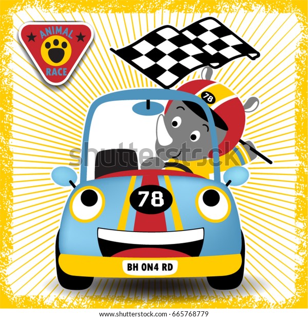 Car racer cartoon with little rhino, vector\
cartoon illustration