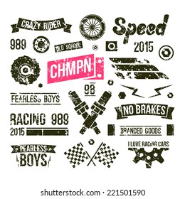 Car races club badges in retro style. Graphic design for t-shirt. Black print on white background 