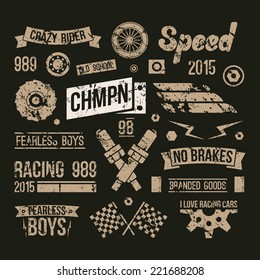 Car races club badges in retro style. Graphic design for t-shirt. Print on black background