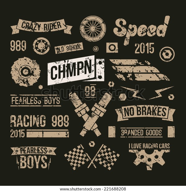 Car races club badges in retro style.\
Graphic design for t-shirt. Print on black\
background
