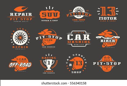 Car races and service badges. Graphic design for t-shirt. Color print on  black background