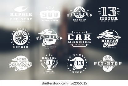 Car races and service badges. Graphic design for t-shirt. Print on blurred background