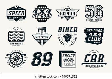 Car races and service badges. Graphic design for t-shirt. Black print on white background