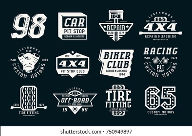 Car races and service badges. Graphic design for t-shirt. White print on black background