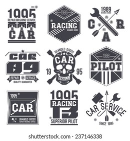 Car races and service badges in retro style. Graphic design for t-shirt. Black print on white background