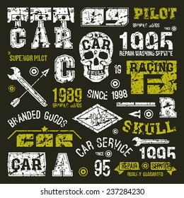 Car races and service badges in retro style. Graphic design for t-shirt. Color print on a black background