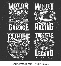 Car Races, Speed Fast Sport Emblems Or Motorcycle Racing T-shirt Prints, Vector. Motorcycle Races Flag With Motor Speedway Wheel And Moto Engine, Custom Bike Chopper And Throttle Garage Signs