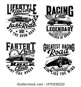 Car races t-shirt print mockup, retro automobile rally and sport club signs. Vintage auto and classic vehicles racing, legendary champion road racing, sportcar and speedometer for t shirt print