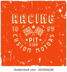 Car racing badge in retro style. Graphic design with rough texture for t-shirt. Color print on red background