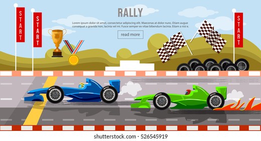 Car racing banner, cars on a start line, bolides, formula car speeding,  tyre drift on race circuit finish line vector 