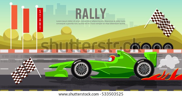 Car racing banner, car on a start line, racing bolides,\
formula car speeding, tyre drift on race circuit finish line vector\
