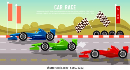 Car racing banner tyre drift on race circuit finish line motor racing cars on a start line formula car speeding 