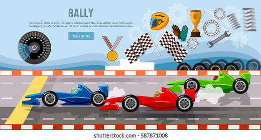 Car Racing Banner. Tyre Drift On Race Circuit Finish Line. Motor Racing Cars On A Start Line, Formula Car Speeding 